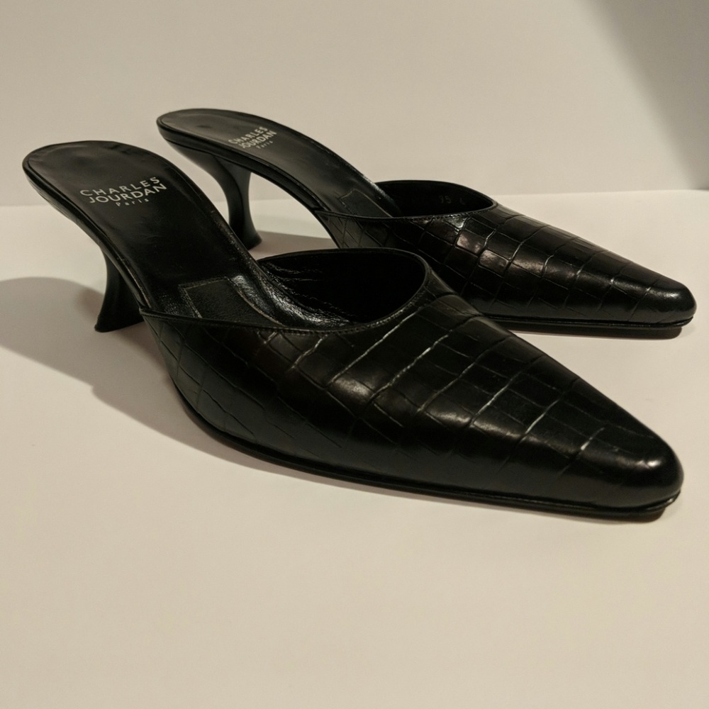 Charles jourdan black croc. Pattern mules